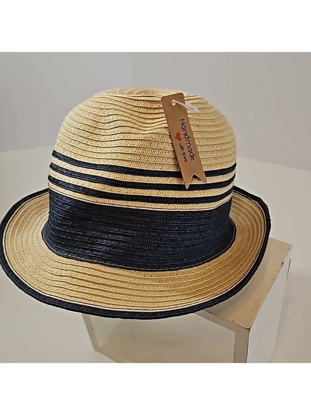 Summer Fedora Hat 100% paper straw Unisex black detail British Style Handmade - Picture 3 of 17
